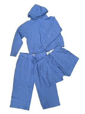 NWOT 3-Piece Lounge Set Periwinkle Blue Sweater Crop Pants Shorts Waffle Cozy